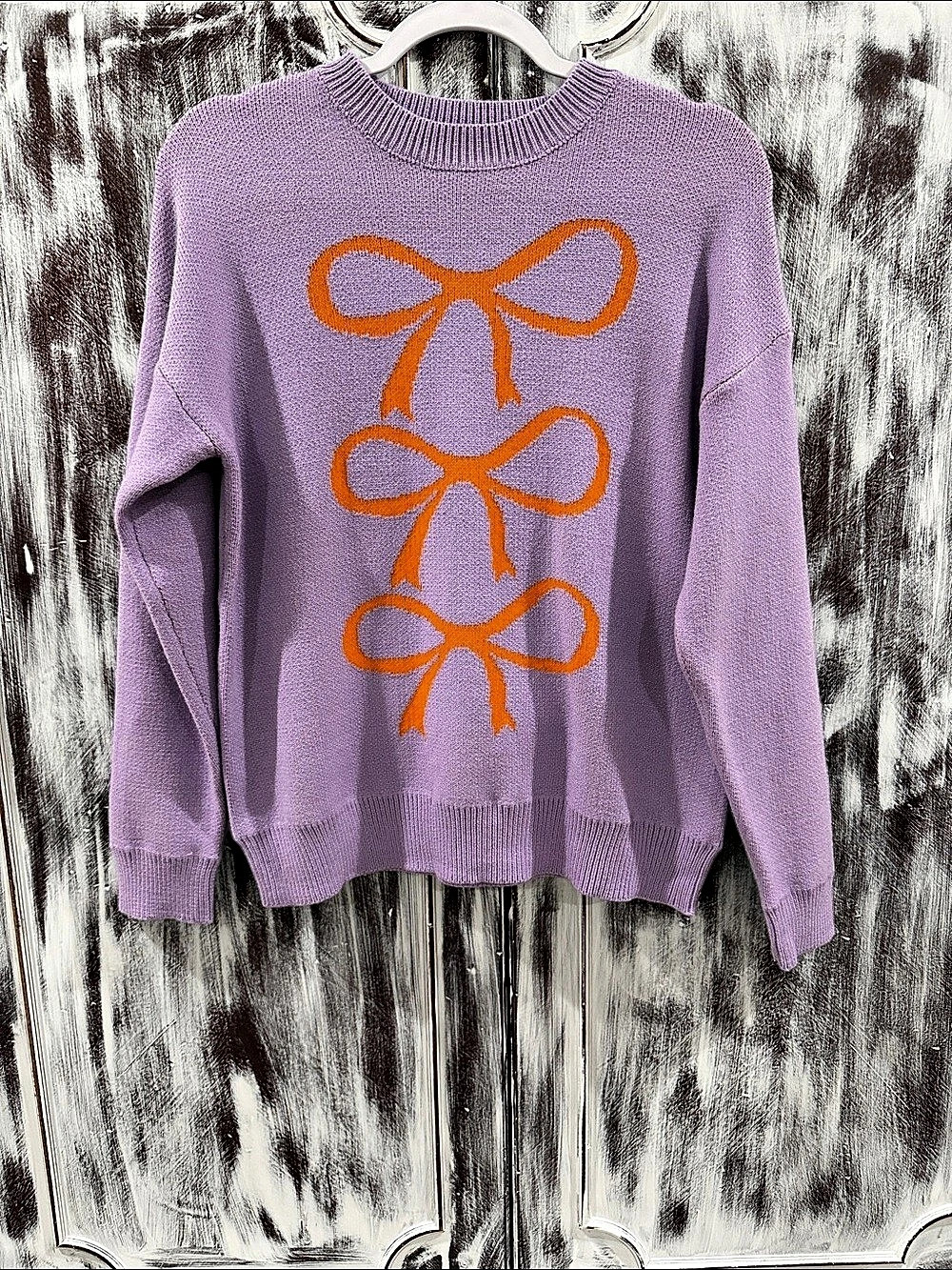 Triple Bow Sweater Bow Knit Sweater in Purple & Orange Size Small NWT